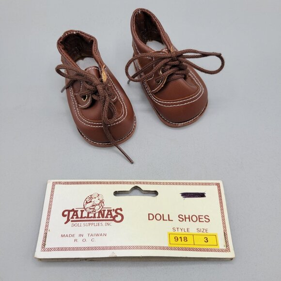 Tallinas Brown Lace-Up Doll Shoes Size 3 Faux Leather With Stitch Detail - Picture 1 of 7
